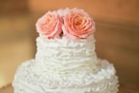 16 a very sweet ruffle wedding cake topped with pink roses is great for a vintage wedding