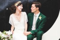 16 vintage looks with an emerald wedding suit plus a creamy tie and an art deco wedding gown