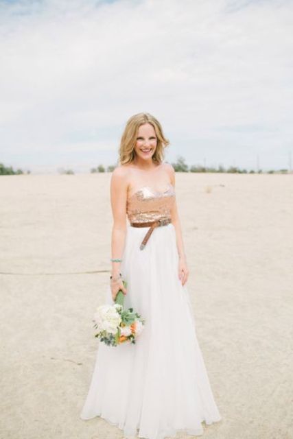 a creative wedding separate of a straples sequin top and an A-line skirt plus a belt