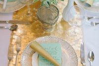 18 a gold chunky sequin table runner is amazing to spruce up a wedding tablescape in white and aqua