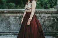 18 a gorgeous wedding separate with an embellished crop top and a deep burgundy A-line skirt