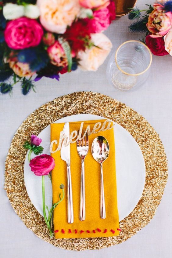 a gold sequin placemat is a great idea to add a touch of glam and sparkle to any tablescape