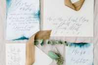 25 chic indigo watercolor edge invitation suite with a deckle edge and calligraphy for a bold wedding