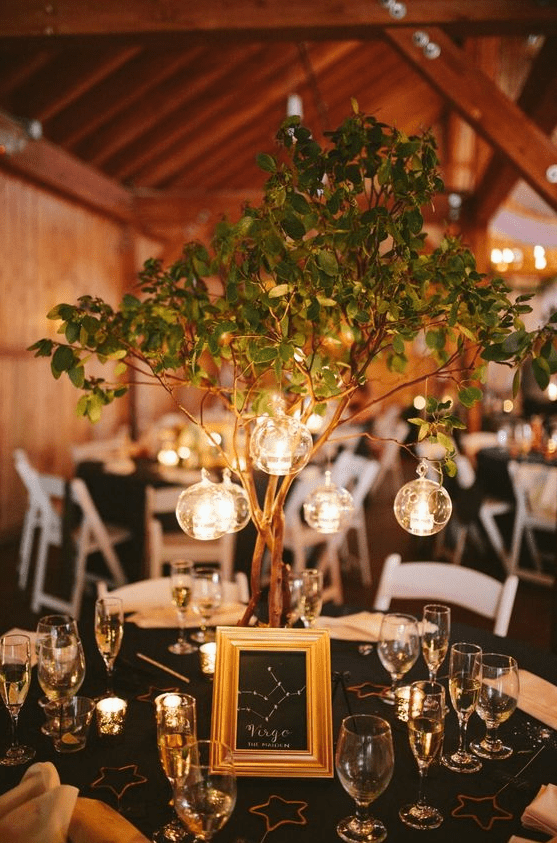 a whimsy centerpiece of a chalkboard constellation sign, greenery branches and candles hanging in bubbles