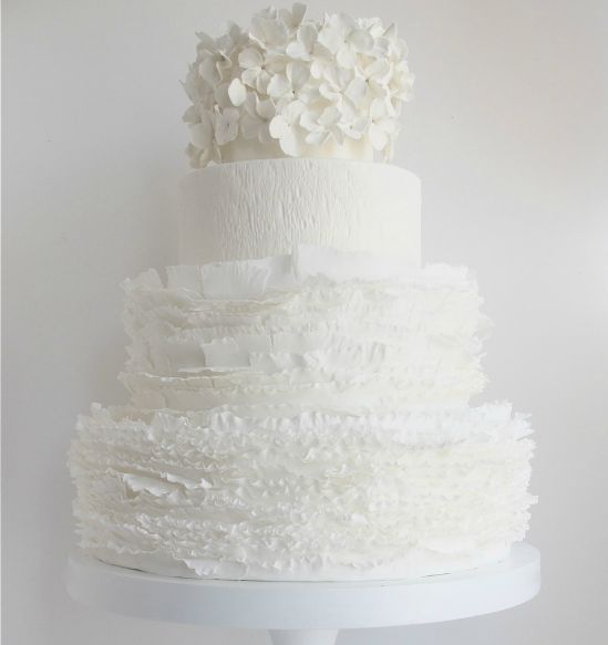 a white textural and ruffle wedding cake topped with white hydrangeas is a cool and chic idea
