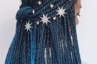 celestial braids is a gorgeous half updo with celestial bobby pins, embrace your braids and add blues for a starry feel