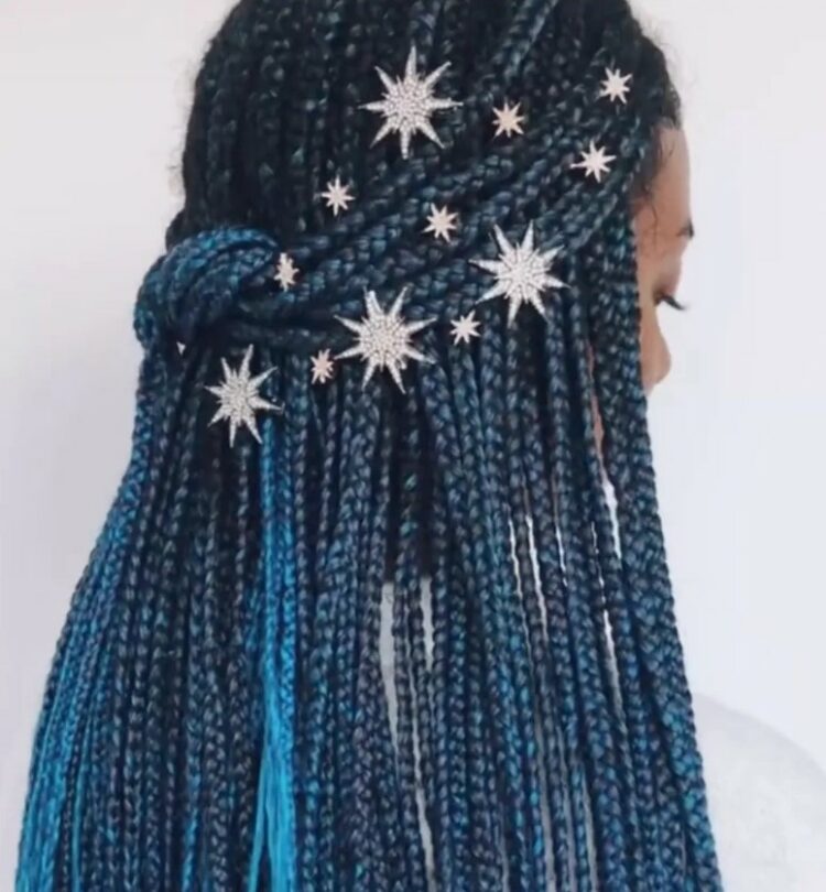 celestial braids is a gorgeous half updo with celestial bobby pins, embrace your braids and add blues for a starry feel