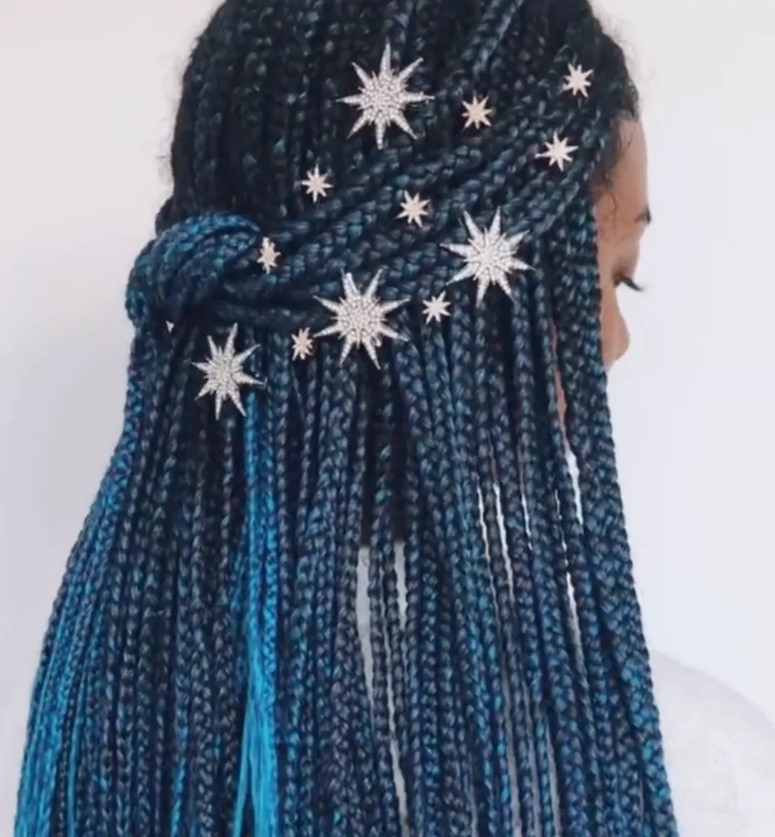 Celestial braids is a gorgeous half updo with celestial bobby pins, embrace your braids and add blues for a starry feel