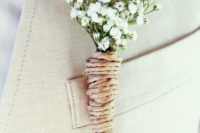 DIY baby’s breath and twine wedding boutonniere