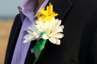 DIY groom’s boutonniere of blooms and striped ribbon