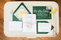 02 The wedding stationery was done in emerald, with a raw hem and colorful watercolor lining