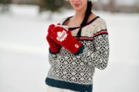 03 a bright patterned sweater, ear warmers and bright red mittens with maple leaves for an outdoor bride