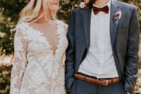 03 a chic groom’s look with a grey suit, a burgundy bow tie and a white shirt plus a thin belt