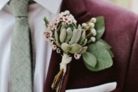 04 a burgundy suit, a white shirt, a grey tie and pale succulents for the boutonniere make up a bold and non-traditional groom look