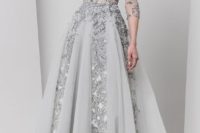 04 a grey silver A-line wedding gown with an illusion bodice and sleeves and a catchy skirt for an ice queen