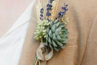05 a boutonniere with wheat, lavender, berries and a succulent plus a burlap ribbon wrap