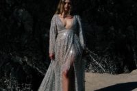07 a sparkling silver wrap wedding dress with a plunging neckline, long sleeves and a front slit wows at once