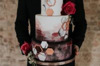 08 a bright watercolor wedding cake with marble and copper hexagons is a chic and bold idea and a masterpiece
