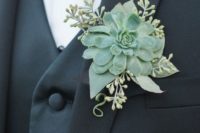 09 a large succulent boutonniere with seeds from eucalyptus for an elegant modern feel