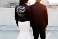 bride in a leather jacket with words