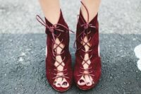 12 suede burgundy booties with lacing up is a chic idea for any bride or bridesmaid