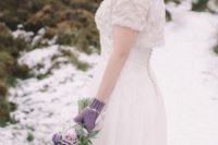 14 purple knit mittens that match the tender lilac and blush wedding bouquet and add color to the look