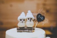 14 two cute and fluffy owls in beanies sitting on wood and a little chalkboard heart in burlap for a woodland feel