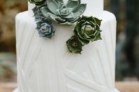 16 a white wedding cake with geometric patterns and sugar succulents as decor, two trends in one cake