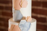 17 a white wedding cake with grey marble and coral hexagons plus gold touches is a chic idea for a modern wedding