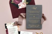 18 a refined burgundy and grey weddin invitation suite with floral lining and gold letters