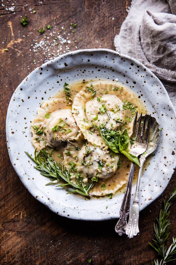 mushroom cheese ravioli with thyme, rosemary, garlic and parsley are a great course idea for vegan guests