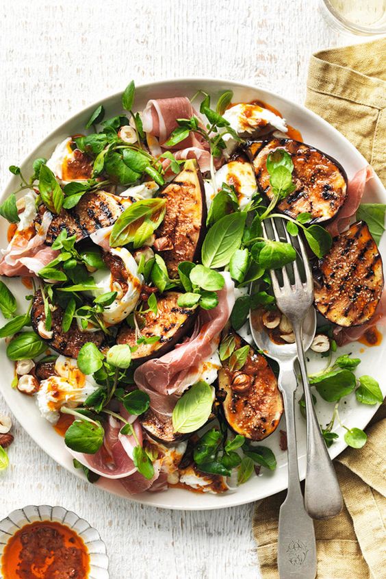 a fig, cheese, nuts, herbs and bacon salad is a hearty starter for a winter wedding