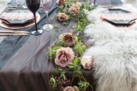 23 dark purple linens, a pink rose table runner and a touch of faux fur for a sophisticated wedding table setting