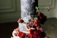 26 a textural grey buttercream cake adorned with burgundy blooms and berries is an amazing idea for a touch of fine art