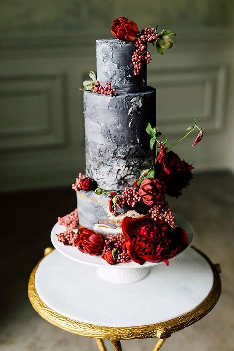 a textural grey buttercream cake adorned with burgundy blooms and berries is an amazing idea for a touch of fine art