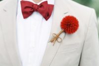 26 a unique red thistle and twine groom’s boutonniere to match his bow tie and add color