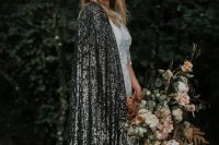 a black sequin bridal capelet will add color and a sparkle to the look and will make it glam, chic and refined
