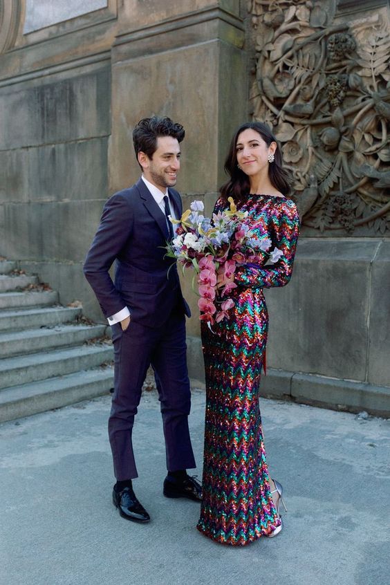 a colorful sequin wedding dress with long sleeves and a high neckline for  amodern and bold city hall elopement