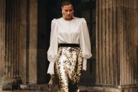 a gold A-line square sequin midi skirt is a bold and chic idea to wear with anything you want