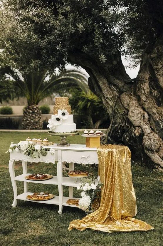 a gold sequin tablecloth can be also used to spruce up your dessert bar