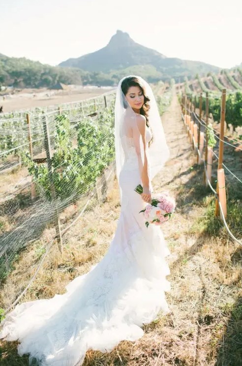 a sexy lace strapless mermaid wedding dress with a train and a cathedral veil for a vineyard bride