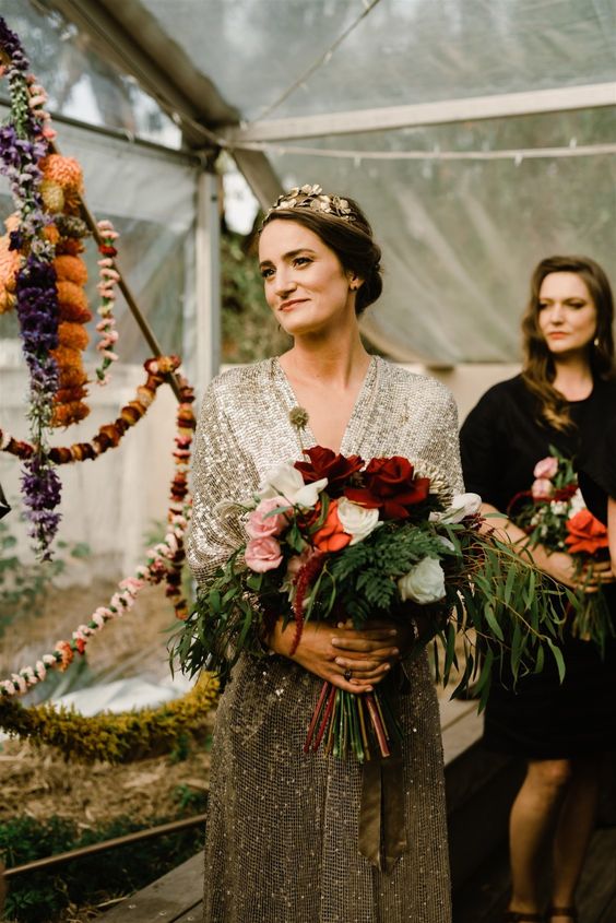a silver sequin wedding dress, a botanical crown and bold blooms for a fun and cool wedding