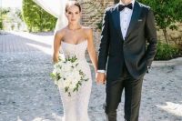 a strapless mermaid embellished wedding dress with a train is a stylish and chic solution, you may rock it to a formal wedding
