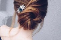 a twisted low bun with some locks down and a pretty small hairpiece will be an elegant solution for a more formal look