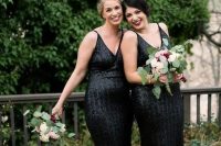 black sequin sheath bridesmaid gowns with spaghetti straps and V-necklines