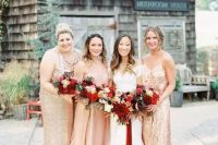 mismatching gold sequin bridesmaid gowns are sure to add a touch of sparkle to your wedding