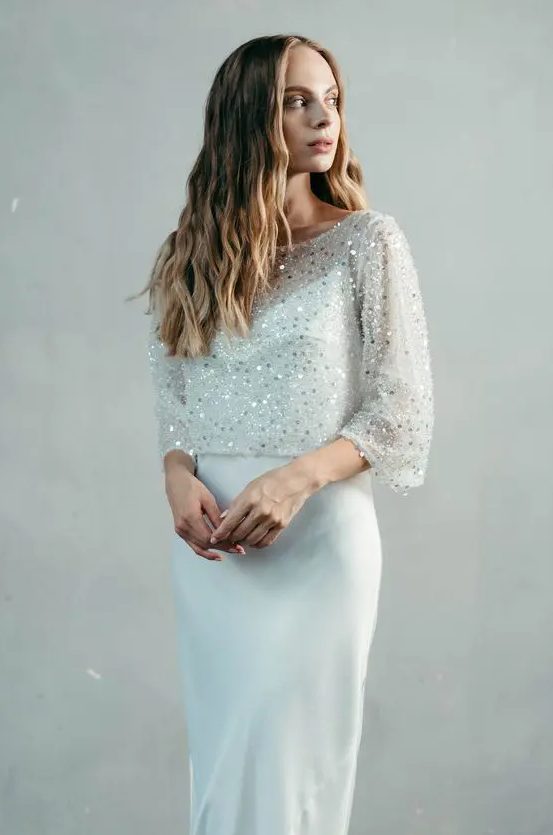 such a silver sequin wedding dress topper will instantly make even the simplest dress bolder and cooler
