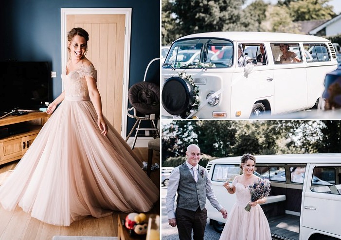 The bride chose a blush A-line skirt and a lace off the shoulder corset, her hair was an updo