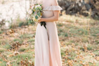 02 The bride was wearing a blush off the shoulder fitting dress, an updo and statement earrings