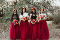 02 The bridesmaids were wearing layered red tulle skirts and white and black lace tops, plus bright floral crowns